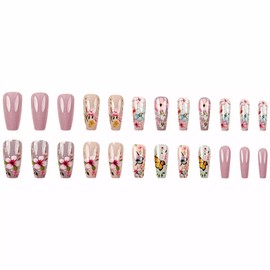 MISUD Press on Nails Long Coffin Fake Nails Glossy Glue on Nails Spring Butterfly Acrylic Nail Supplies Ballerina Artificial Nail Art Pink Flower Stick on False Nails with Design DIY 24 pcs