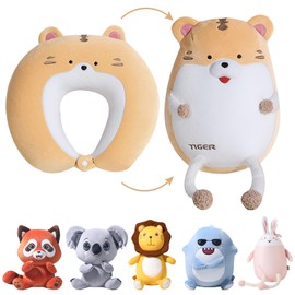 YOUYIKE 2-in-1 Children's Travel Pillow, Transformable Neck Pillow, U-Shaped Pillow, with Tiger Plush Toy, Yes Play Companion and Sleep for Planes, Cars and Travel (Khaki)
