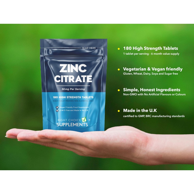 Zinc Citrate 50mg Tablets – 180 High Strength Vegan Tablets