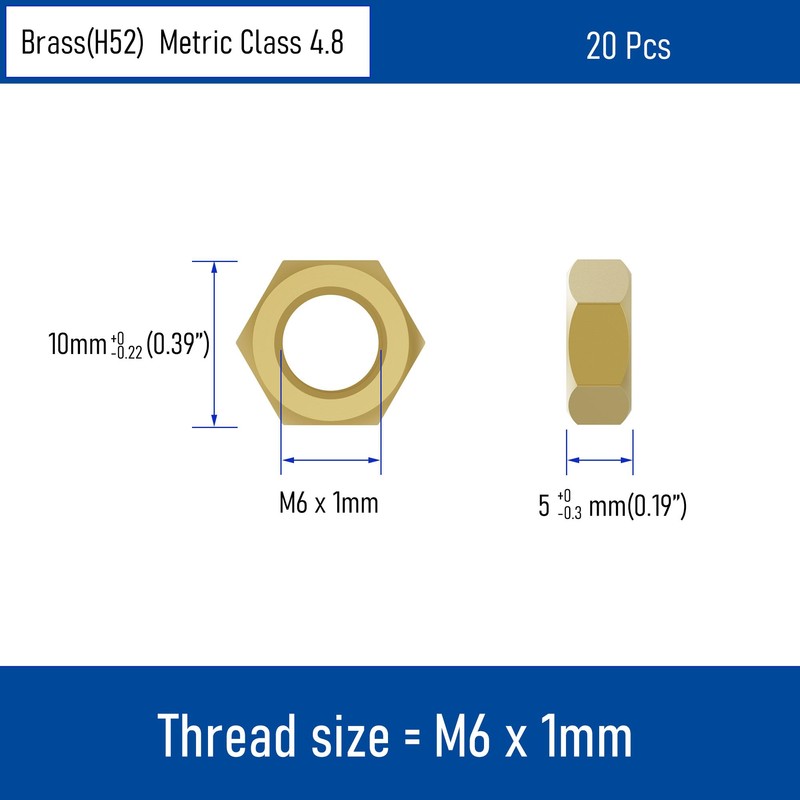 FOCMKEAS 20PCS M6-1 Brass Hex Nuts, Metric Coarse Thread Hexagon