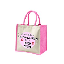 Mothers Day Gifts for Mum - Cotton Jute Shoulder Bag, Reusable Bags for Shopping, Mum Gifts, Book Bag, Travel Bag, Shopper Bags - Cool Mom - Pink - L