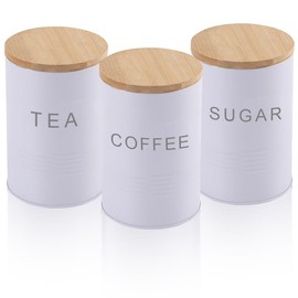 LOSYHU Tea Coffee & Sugar Canisters Set of 3, Kitchen Canister Set with Airtight Bamboo Lid, Coffee and Tea Storage Jars Kitchen Storage Tins (White, Round)