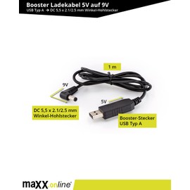 maxx.onLine® Charging Cable for Toniebox, QC 3.0 Quick Charger Set with Socket & Car Adapter & Booster Charging Cable 5V to 9V Type A to DC 5.5 x 2.1/2.5 mm Barrel Plug