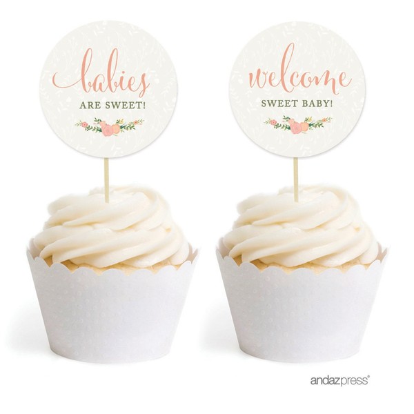 Andaz Press Floral Roses Girl Baby Shower Collection, Cupcake Topper DIY Party Favors Kit, Babies are Sweet! Welcome Sweet Baby, 20-Pack