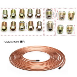 25Ft of 3/16 Brake Line Kit - Includes 16 Inverted Flare Brake Line Fittings - Zinc Plated Copper Brake Line Tubing - Universal Copper Coil Brake Line Repair Kit for Car,Home,Industrial (Gold)