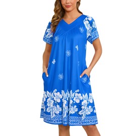 Marvmys Women's Mumu Dress Floral House Dress Short Sleeve Housecoat Lounge Dress with Pockets Blue Floral L