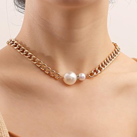 YienDoo Punk Chunky Choker Necklace Gold Cuban Link Chain Thick Wide Necklaces Unique Pearl Pendant Necklace Rock Statement Pearl Ball Necklace Charm Jewelry for Women
