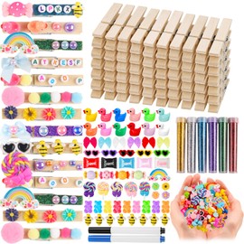 80 Set Cheer Pins Spirit Clips Clothes Wooden Pins for Backpacks Include 90 Mini Resin Animals 30 Mini Bows 500 Beads Cheer Clothespins Decorations Ribbon Team Classroom Cheer Gifts Bulk（Natural）