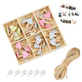 30 Stück Herz Holzklammern Klein mit 10m Fotoseil und 6 Spurlosen Nägeln zum Aufhängen Fotoleine, Bunte Wäscheklammern Holz für kreative und schöne Foto DIY Dekoration Kinderzimmer Wanddekoration