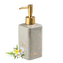 Gold Soap Dispenser for Bathroom Countertop, Square Gray Dish Soap Dispenser Pump Bottle with Golden Stripes for Kitchen Sink Laundry Shower Lotion, Ceramic Hand Soap Dispenser Pump for Soap Liquid