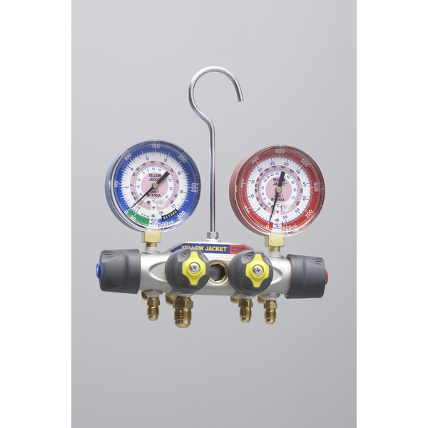 Yellow Jacket 49962 Manifold Only Degrees F, bar/psi Scale, R-410A Refrigerant, Red/Blue Gauges
