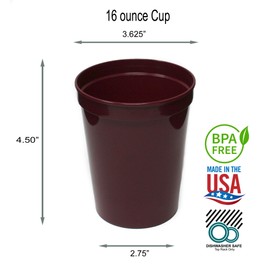 Rolling Sands 16 oz. Reusable Plastic Stadium Cups, 8 Pack, Made in USA, BPA-Free Dishwasher Safe Tumblers, Maroon