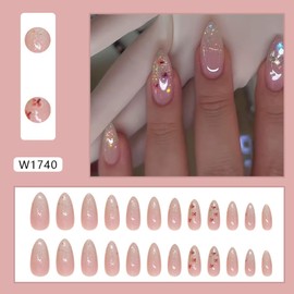 Floral Almond Press on Nails Medium Fake Nails with Peach Blossom Color Glitter Designs Pink Ombre False Nails Press ons Acrylic Nails Fall Glue on Nails Artificial Stick on Nails for Women 24Pcs