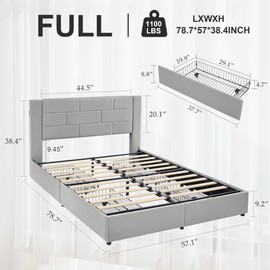 VECELO Full Bed Frame with 4 Storage Drawers, Upholstered Platform Beds with Velvet Headboard and Charging Station-Ports for USB and Type-C, Noise-Free, No Box Spring Needed, Easy Assembly, Light Grey