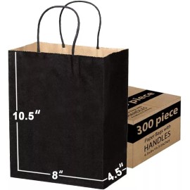 Shoplenty [300 Pcs]-Black Paper Shopping Kraft Retail Merchandise Bags With Handles Bulk .