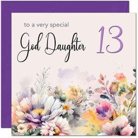 13th God Daughter Birthday Card - Purple Floral God-Daughter's Birthday Card for 13 Year old teenage Kids thirteen, thirteenth