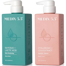 Medix 5.5 Exfoliating AHA Glycolic Acid Face & Body Wash Cleanser + Hyaluronic Acid Moisturizing Body Cream Lotion Skin Care 2PC Set | Alpha Hydroxy Acid & Lactic Acid Foaming Face Wash