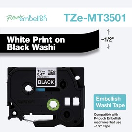 Brother P-touch Embellish White Print on Black Washi Tape TZeMT3501 - ~~½” Wide x 13.1’ Long for use with P-touch Embellish Ribbon & Tape Printer