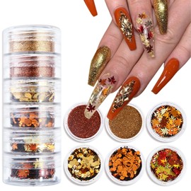 6Boxes Fall Nail Glitters 3D Gold Maple Leaf Nail Art Glitters Autumn Decoration Flakes Gold Hexagon Design Thanksgiving Nail Sequins Holographic Orange Maple Leaves Nail Flakes Supplies for Women
