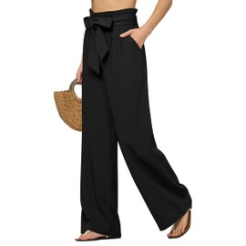 AVICHIC Women Linen Pants 2025 Paperbag Wide Leg Dress Pants High Waisted Work Slacks Tie Knot Trousers with Pockets 32" Black L