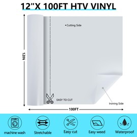HTVVETUR Iron on Vinyl 12Inch by 100ft Roll HTV Heat Transfer Vinyl for T-Shirt HTV Vinyl Rolls for All Cutter Machine - Easy to Cut & Weed for Heat Vinyl Design (100ft, White)