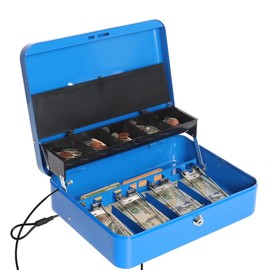 Parrency Cash Box with Key Lock，Durable Metal Cash Box with Money Tray，Lock Box Safe Storage Security Locker with Security Cable,Blue