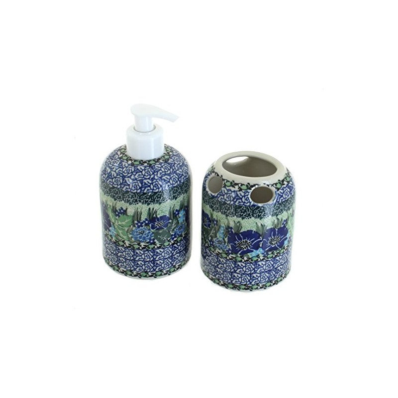 Blue Rose Polish Pottery Sapphire Fields Soap Dispenser & Toothbrush