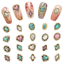 70 PCS Turquoise Nail Charms,3D Western Nail Charms,Heart Retro Rhinestones Nails Hanging Ornaments,Blue White Pink Marble Gems Jewel Accessories,Nails Art Supplies for Nails Art DIY