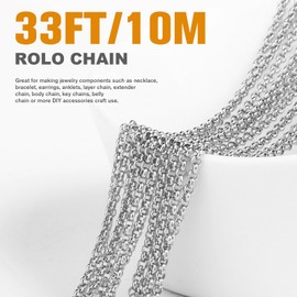 33FT Stainless Steel Rolo Chains Roll, 3.5mm 304 Stainless Steel Round Rolo Chain Spool Bulk for Jewelry Making