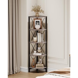 CHOEZON 5-Tier Corner Shelf, Corner Bookcase, 55.2" Tall Vertical Display Rack, Plant Stand, Open Storage Shelf, for Living Room, Bedroom, Study, Kitchen, Greige and Black TCJ12BG