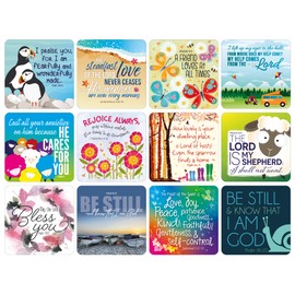 Christian Coasters, Pack of 12 cork coasters, each of a different design, with Bible verses or inspirational words. Beautiful Christian gifts for women or men, by Just Cards Direct (C442)