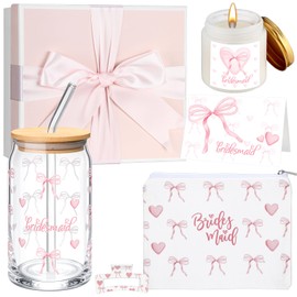Meanplan 6 Pcs Bridesmaid Proposal Gifts Pink Bow Will You be My Bridesmaid Gifts Set Bridal Shower 17oz Glass Cup Makeup Bag Candle Bow Hair Clip Card Box for Wedding Bachelorette Party