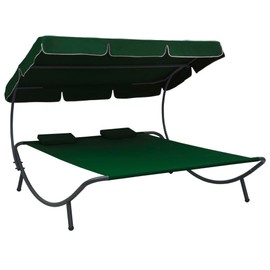 vidaXL Outdoor Double Chaise Lounge, Patio Lounge Bed with Canopy and Pillows, Outdoor Daybed Lounge Chair for Pool Lawn, Scandinavian Style, Green