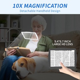 Floor Magnifying Glass with Light and Stand 10X: 48 LED Flexible Hands Free Magnifier Lamp - 2-in-1 Large Lighted Magnifiers for Seniors Reading,Close Work,Jewelry, Repair,DIY