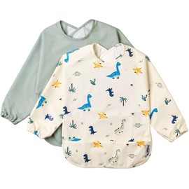 BABATÉ Kids - Bib with sleeves, baby bib, waterproof baby bib, full body bib, baby bib, bib with sleeves, washable bib baby, bib with sleeves, Green Dinosaurs