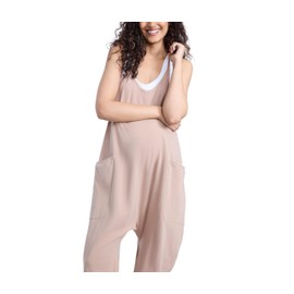 Motherhood Maternity Women's Casual Baggy Sleeveless V-neck Pregnancy Romper Jumpsuit with Loose Spaghetti Straps and Pockets, Dark Taupe, Medium