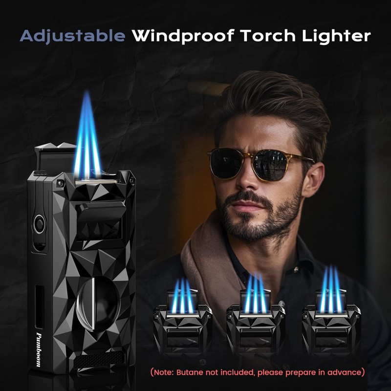 5-in-1 Windproof Lighter with Punch, Draw Enhancer, Holder, Triple Jet
