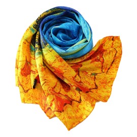 Bufanda larga de seda Charmeuse para mujer, impresión artística clásica, Azul y dorado, 63" x 17"