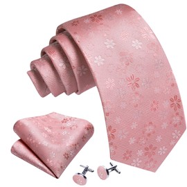 Barry.Wang Pink Flower Ties Handkerchief Cufflink Wedding Business Necktie Set