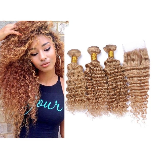 Mila 3 Bundles/Lot Real Hair Natural Wefts Curly Extensions Honey Blonde 27# Brazilian Hair Weave Deep Wave Style 300 g with Lace Closure (4 x 4 inches) (14 x 16 inches + 18 inches closure)