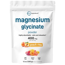Magnesium Glycinate Powder for Sleep & Relaxation, 12oz (56 Servings) | 100% Chelated for Max Absorption | Support for Sleep, Muscle, Heart & Nerve Health | Sweet Peach Ring Flavor | Sugar Free