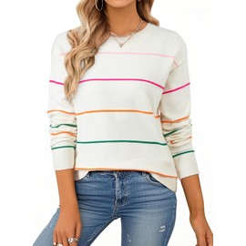 SHEWIN Fall Tops for Women 2025 Casual Crewneck Sweaters for Women Lightweight Womens Tops Long Sleeve Striped Sweater Womens Fall Fashion 2025 White X-Large
