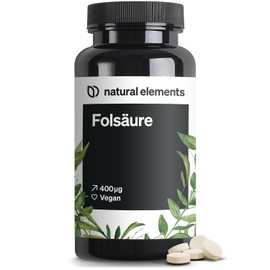 natural elements Folic Acid - 400 Tablets - 400 mcg per Daily Dose - Desire for Children and Pregnancy - Vegan, High Dose, No Unnecessary Additives - Produced in Germany & Laboratory Tested