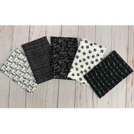 Camelot Fabrics Fabric FQ Fat Quarters Set 5 Cat Kitten Black & White Meow Paw Print 100% Cotton