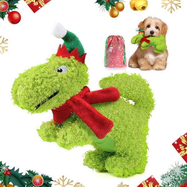 Lewondr Christmas Squeaky Dog Toys, Xmas Dinosaur Plush Dog Toy