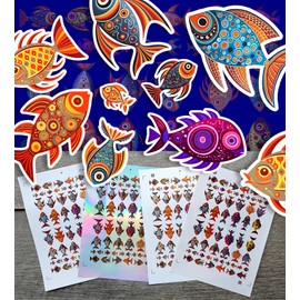 Paquete de pegatinas (más de 150 pegatinas), bonitos dibujos de dibujos animados coloridos de peces de estilo clásico, pequeñas pegatinas de vinilo holográficas blancas transparentes