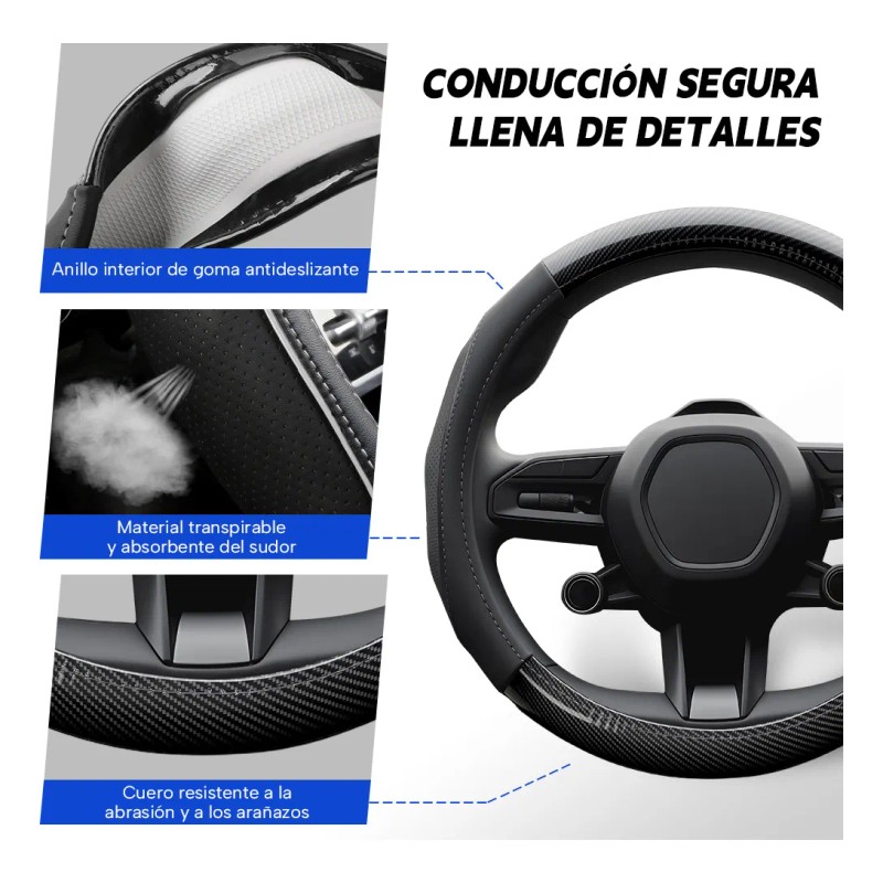 Funda Para Volante Fibra Carbono Cuero Vacuno Forma Redonda