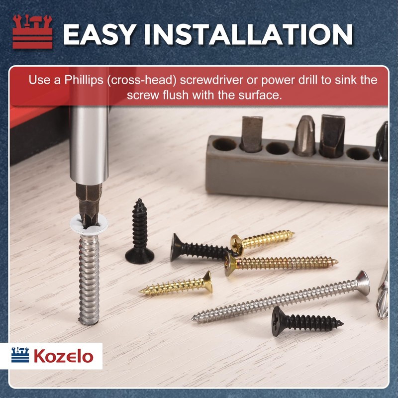 Kozelo 200pcs Phillips Flat Head Wood Screws - [ST4x25mm] Carbon