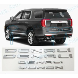 4Pc Set Denali Yukon Emblems Fender Door Rear Tailgate Letters Nameplate 3D Badge Replacement for 2021-2023 Yukon Yukon XL (Chrome)