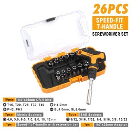 Hoteche 26 Piece T-Handle Screwdriver and Socket Set | T-Handle Quick Change Handle, CR-V Material, Chrome Plating, Magnetic Heads, Screwdriver Set - Screwdriver Set